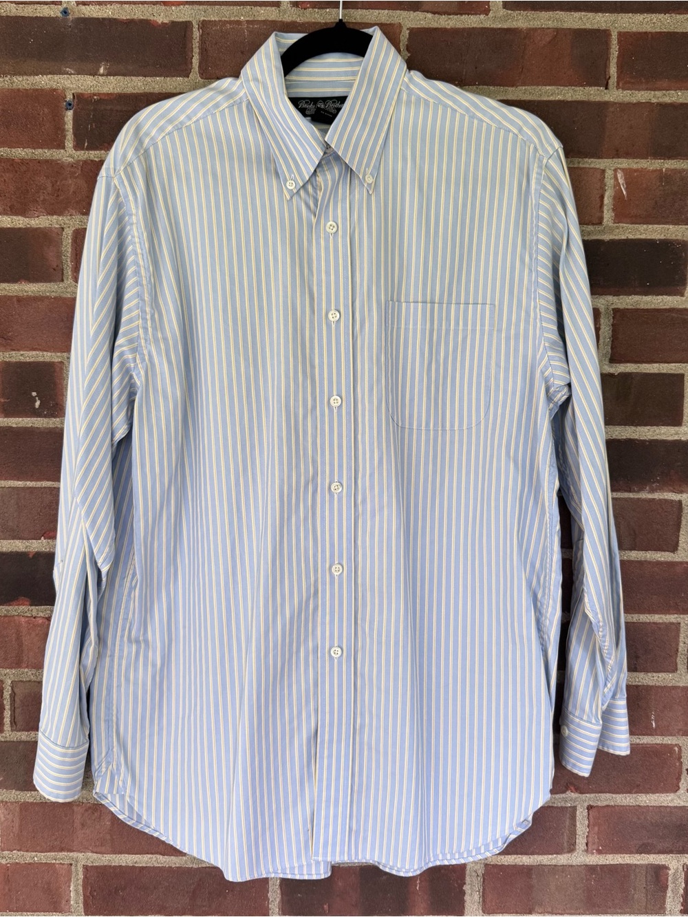 Brooks Brothers Country Club Shirt Mens Medium Blue Yellow Stripe Cotton